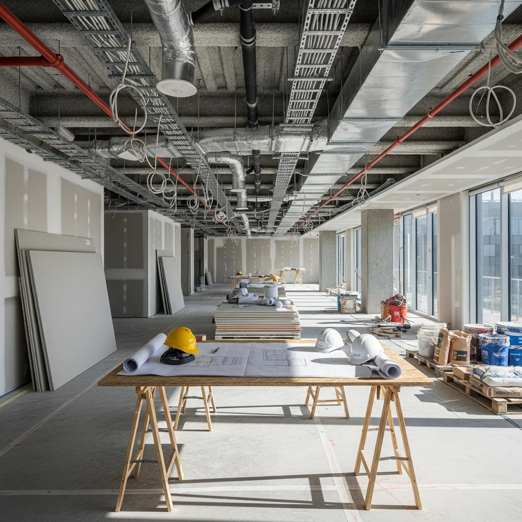 Chantier de rénovation de bureaux avec plans et casques de chantier : coordination maître d'œuvre