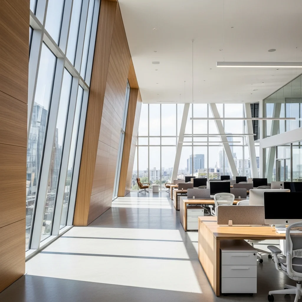 Grandes fenêtres aluminium dans des bureaux professionnels : apport de lumière naturelle maximale