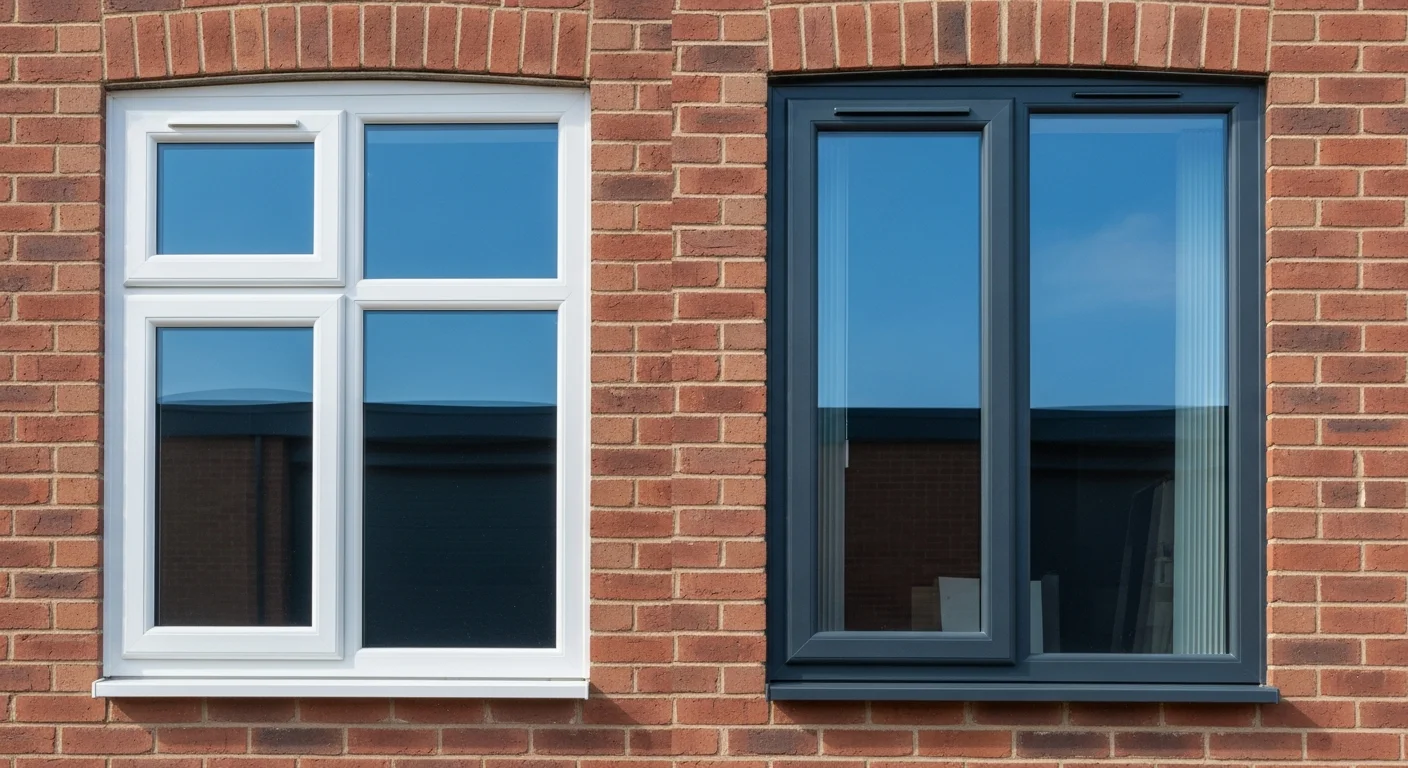Profilés de fenêtres PVC et aluminium côte à côte sur façade de bureaux professionnels