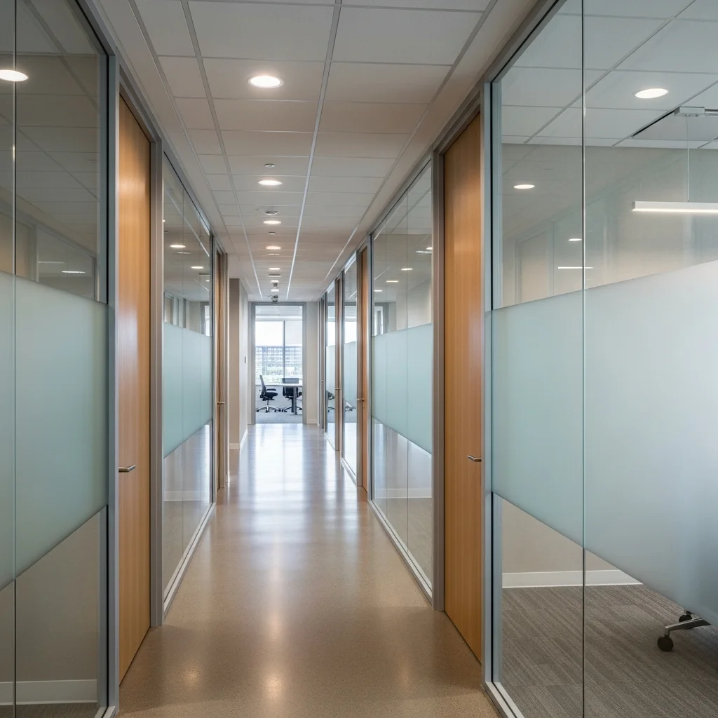 Couloir de bureaux modernes avec différents types de portes intérieures : vitrée, pleine et coulissante