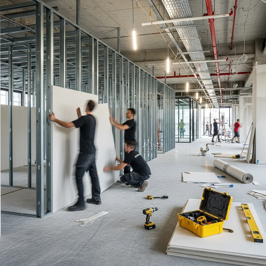 Rénovation de locaux professionnels en cours : pose de cloisons dans un open space