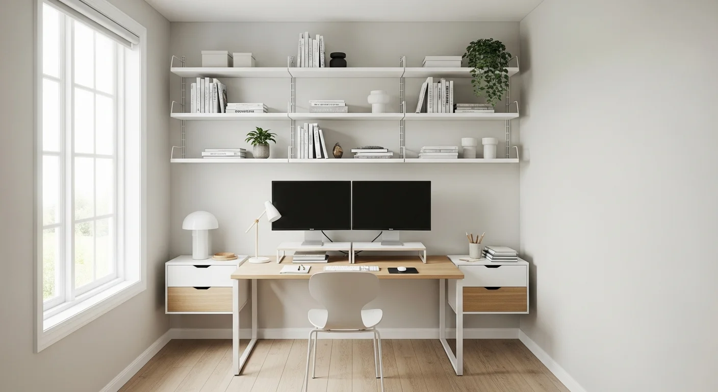 Bureau professionnel compact avec mobilier optimisé et rangements verticaux
