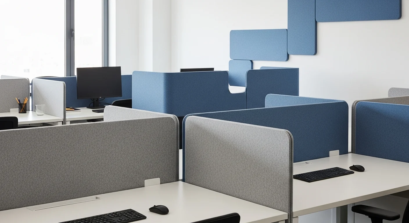 Cloisonnettes acoustiques en feutre sur bureaux en open space