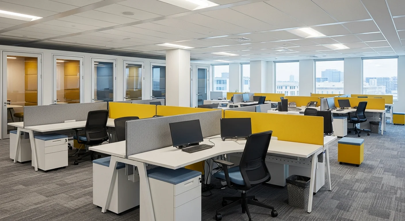 Espace de travail flex office avec bureaux partagés et zones collaboratives