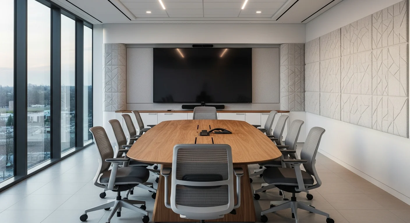 Salle de réunion moderne avec table de conférence et panneaux acoustiques